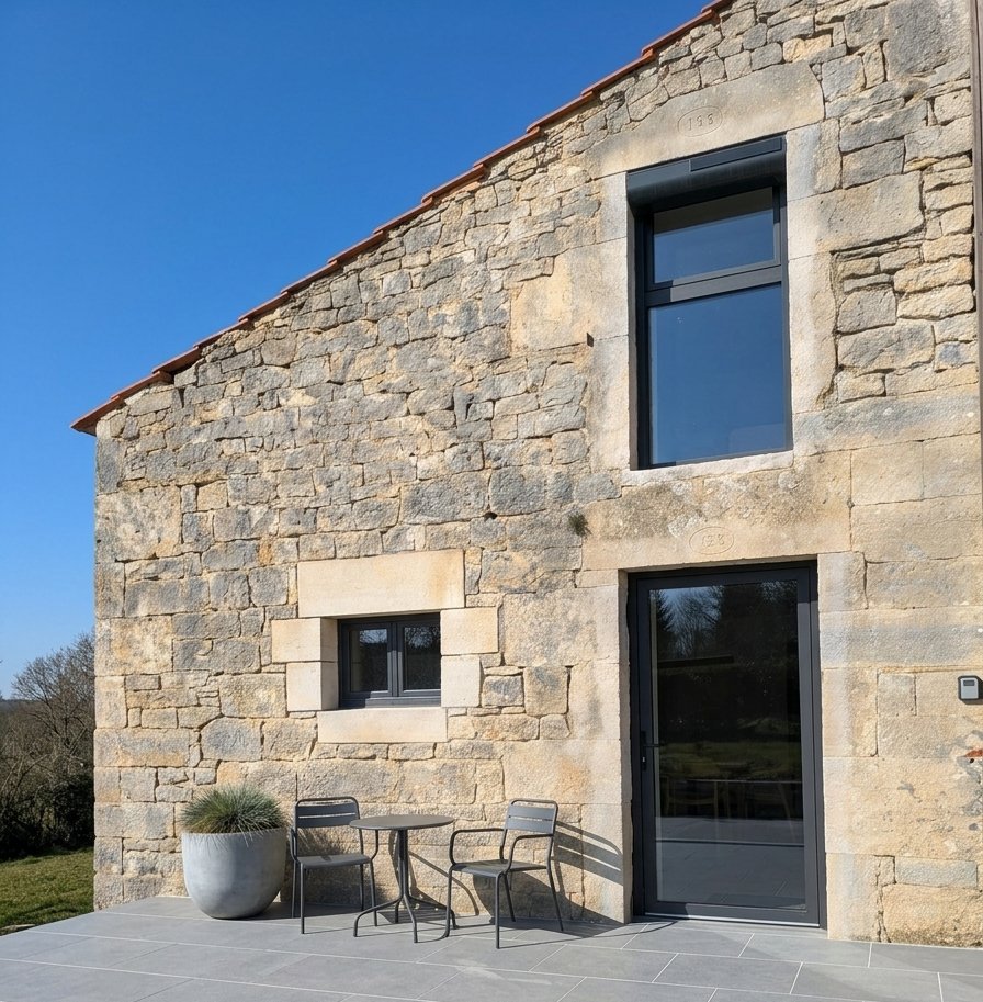 Façade en pierre du gîte Le 1821 avec terrasse